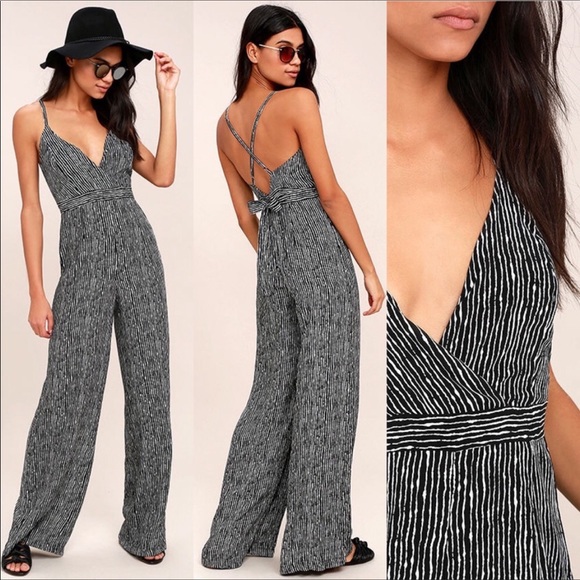 Lulus Pants - Lulu’s Walk the Line Black White Striped Jumpsuit